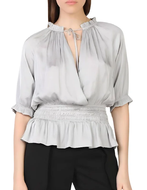 3/4 Sleeve Rouched Waist Top In Light Grey