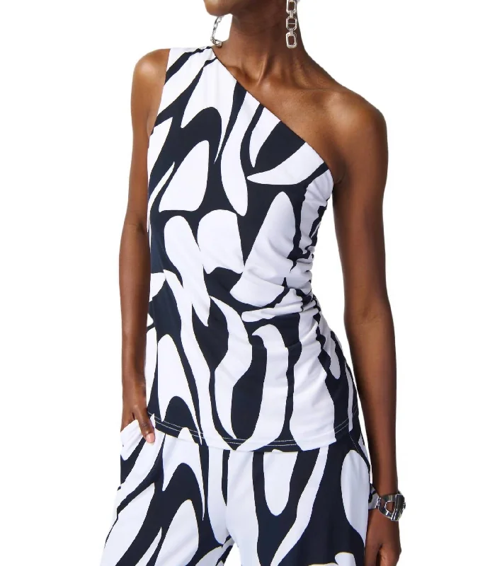 Abstract Print One Shoulder Top In Midnight Blue/vanilla