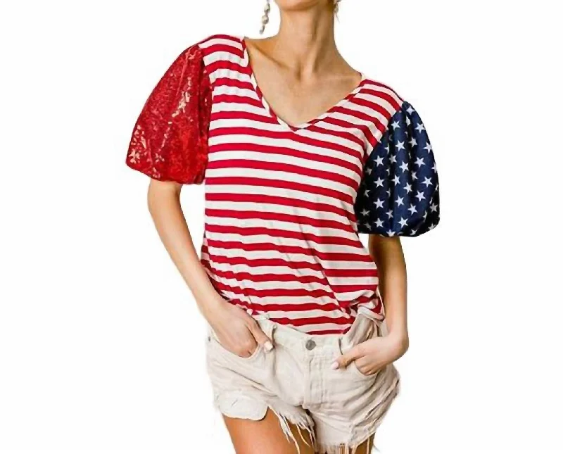 American Flag Stars And Stripes Sequin Sleeve Top In Ivory