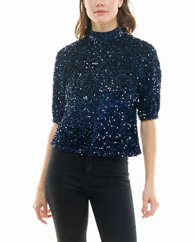 Ava Velvet Sequin Short Sleeve Top In Navy