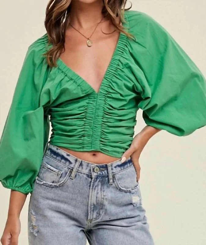 Carla Ruched Crop Blouse In Green