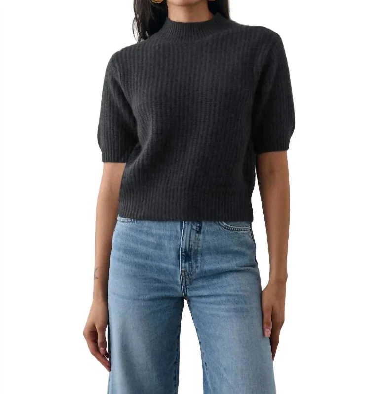 Cashmere Ribbed Mockneck Top In Charcoal Heather