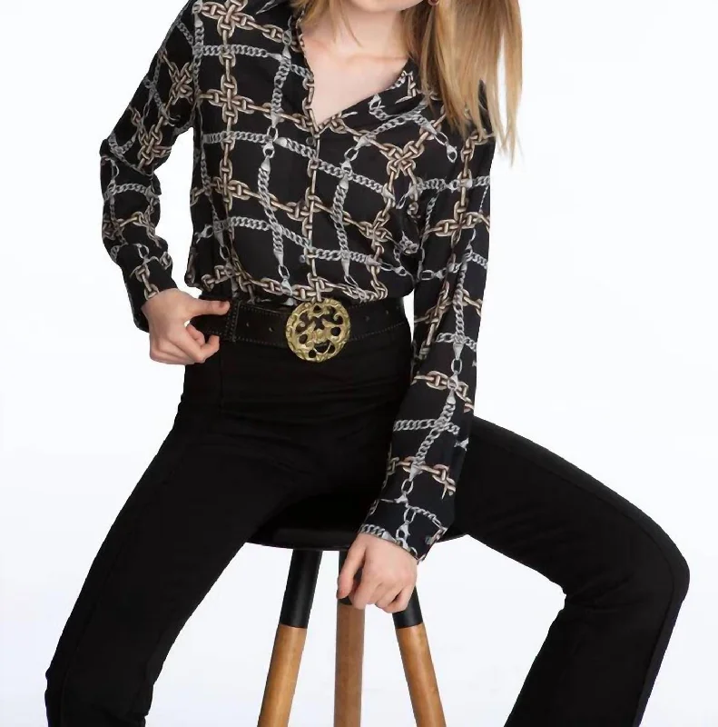 Chain Link Blouse In Black/beige Multi