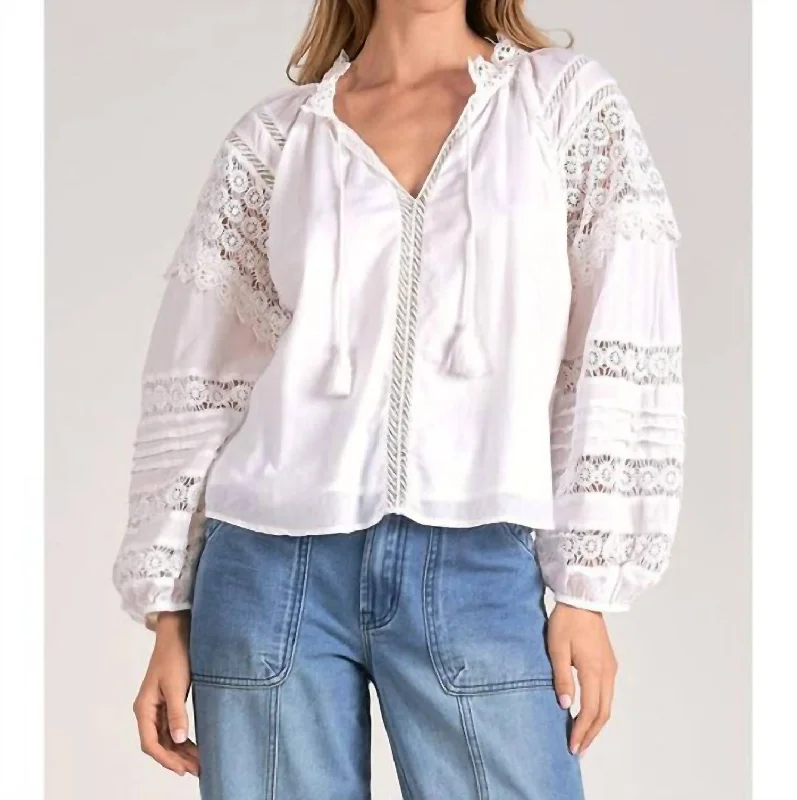 Crochet Panel Peasant Top In White