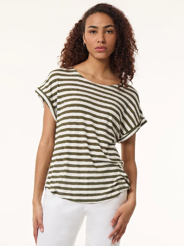 Drop Shoulder Jewel Neck Top, Striped Knit