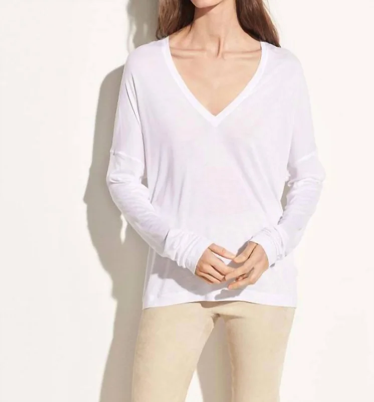 Drop Shoulder V-Neck Top In Off-White