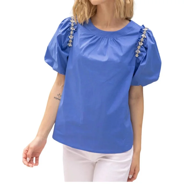 Embellished Puff Sleeve Poplin Top In Blue