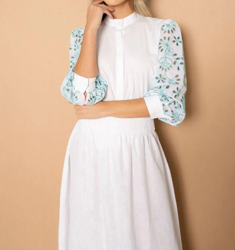 Estela Cotton Blouse In White With Aqua