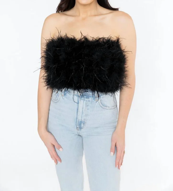 Fancy Strapless Feather Crop Top In Black