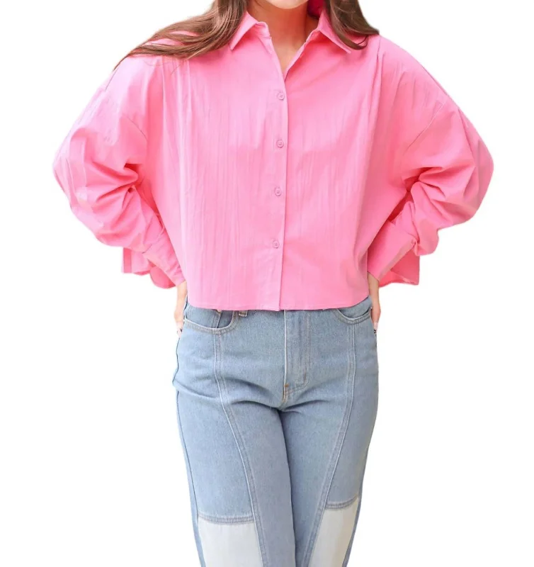 Feelin' Fun Cropped Button Down Top In Pink