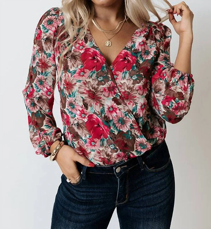 Floral Cross Over Bodysuit In Rose