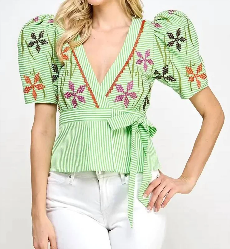 Floral Embroidery Top In Green