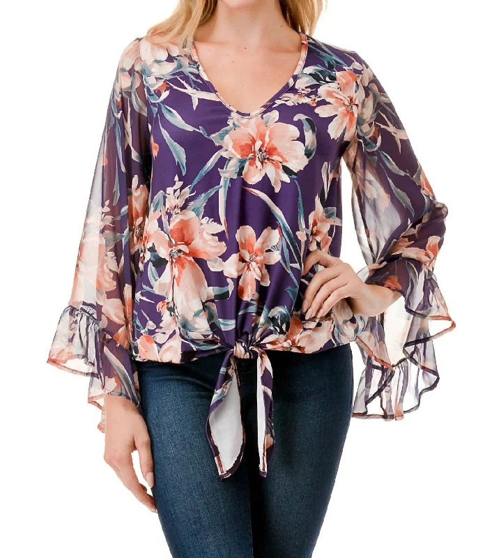 Jane V-Neck Ruffle Sleeve Top In Purple Flower