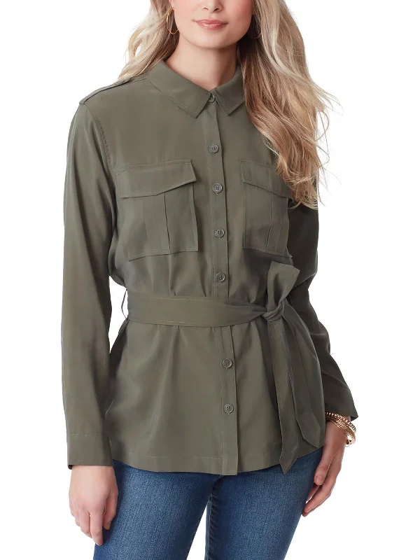 Jessa Womens Belted Collar Button-Down Top