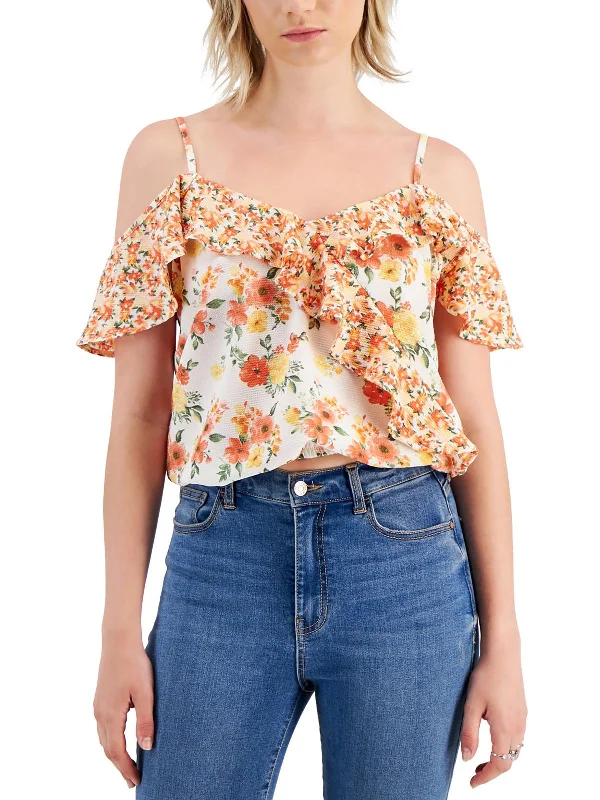 Juniors Womens Floral Print Blouse Cold Shoulder