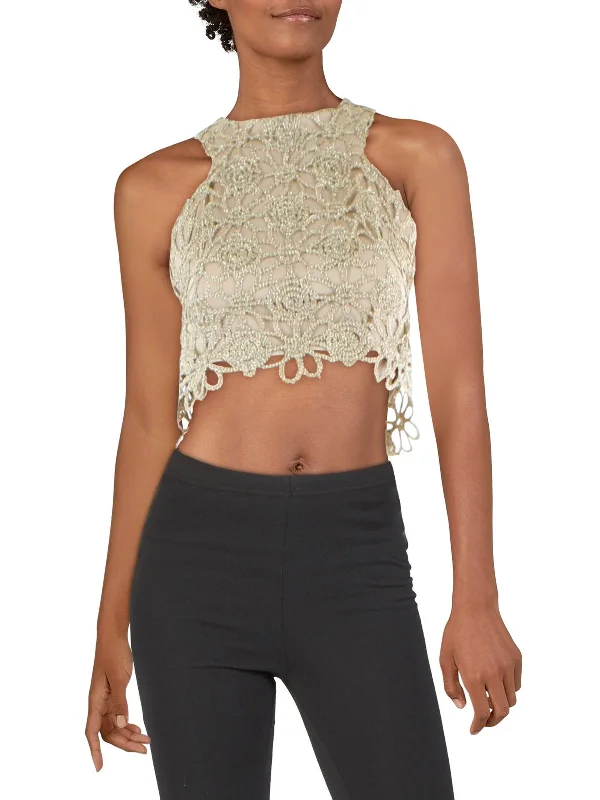 Juniors Womens Lace Metallic Cropped