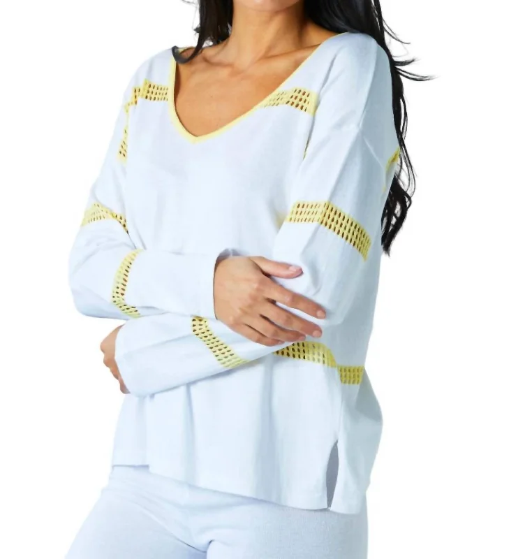 Long Sleeve V-Neck Top In White/lemon