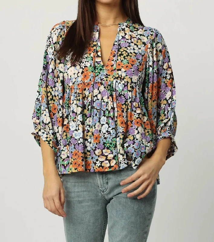 Malia Retro Revival V-Neck Top In Multi