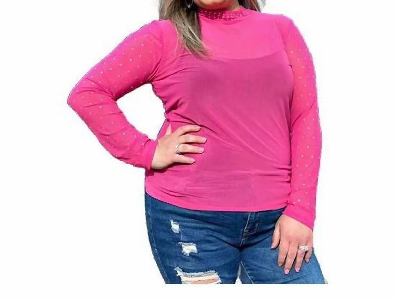 Mesh Long Sleeve Top Accented With Rhinestones In Hot Pink