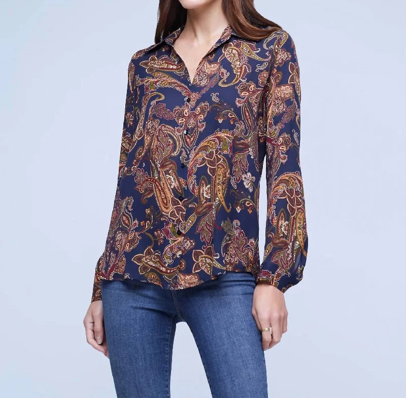 Nina Long Sleeve Sheer Silk Blouse In Midnight Multi Large Paisley