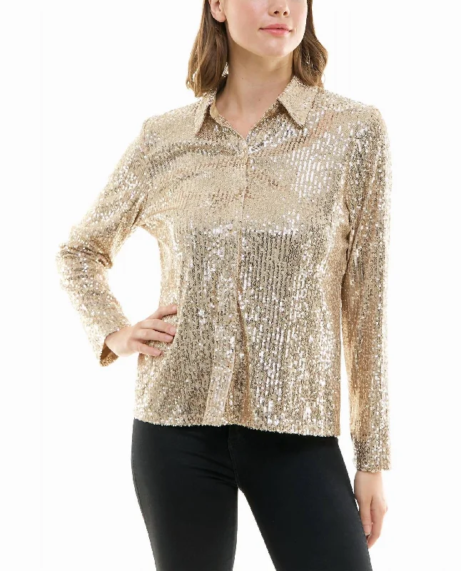 Nora Sequin Button Front Shirt In Champagne