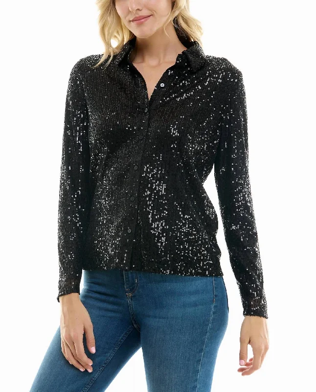 Nora Sequin Button Front Shirt In Very Black