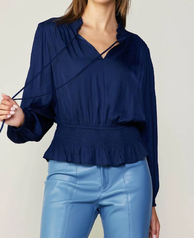 Peplum Collared Blouse In Navy