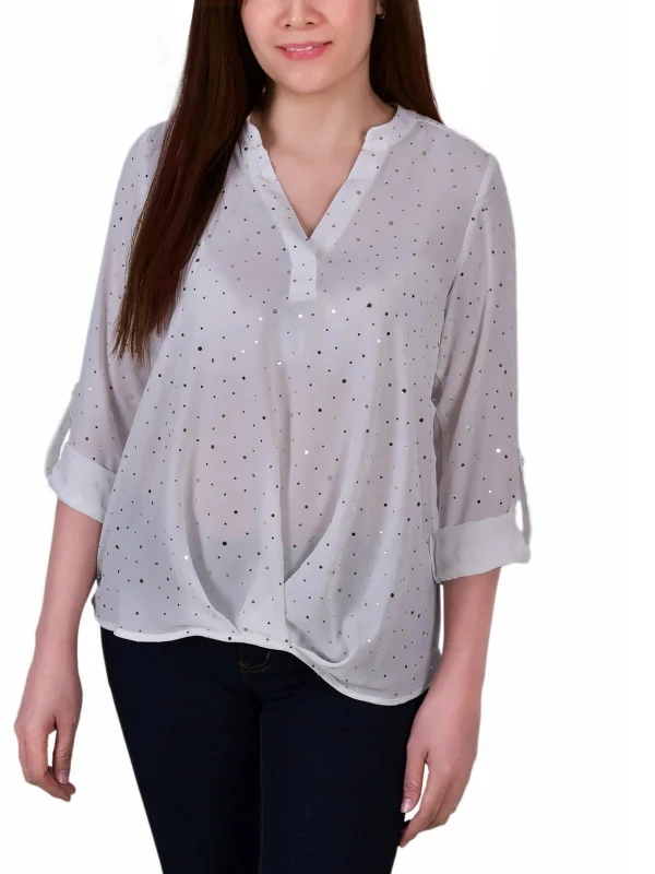 Petites Womens 3/4 Sleeve Metallic Blouse