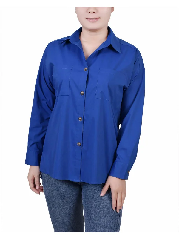 Petites Womens Collar Button-Down Top