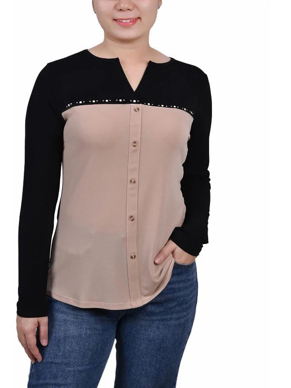 Petites Womens Colorblock Embellished Blouse