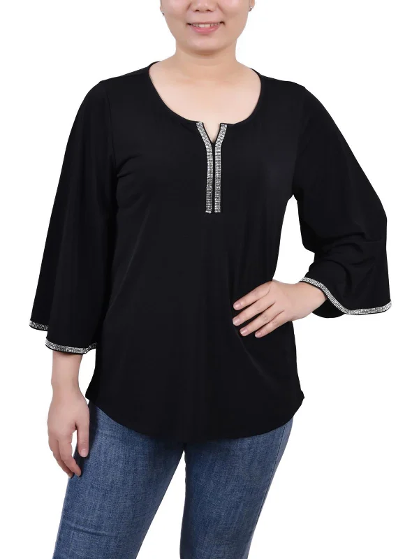 Petites Womens Embellished Polyester Blouse