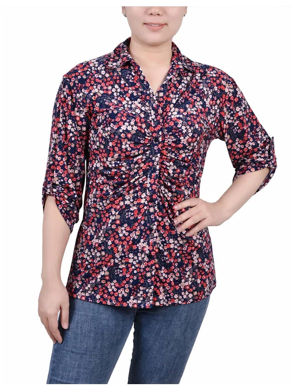 Petites Womens Floral Print Button-Down Top