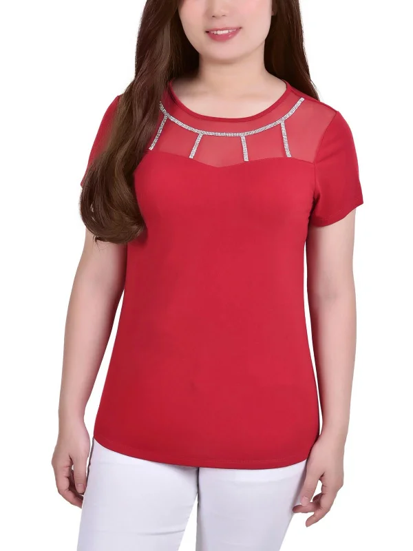 Petites Womens Jersey Yoke Blouse