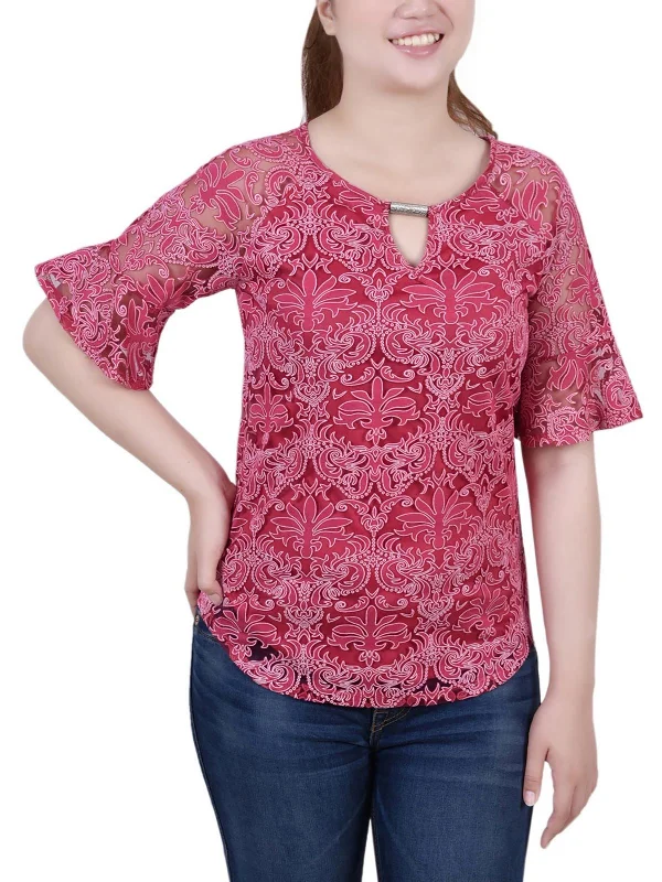 Petites Womens Lace Keyhole Blouse