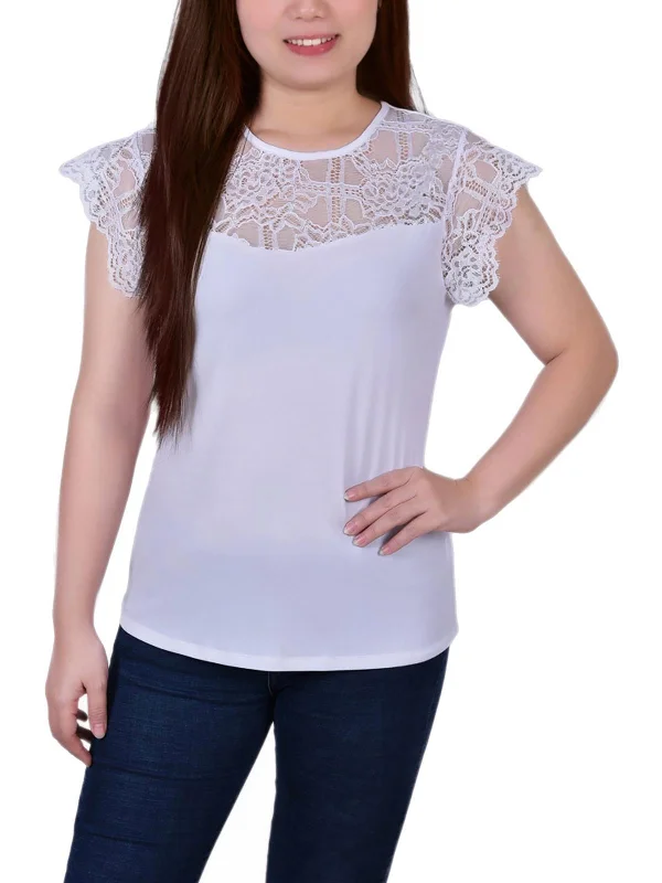 Petites Womens Lace Trim Pullover Top