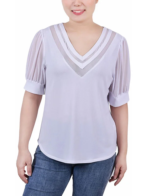 Petites Womens Mesh Inset V-Neck Blouse