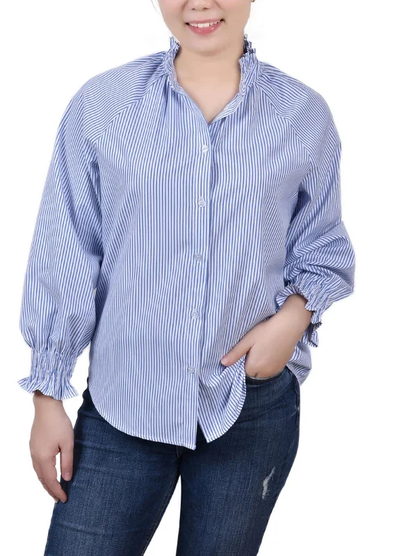 Petites Womens Pinstripe Collar Blouse