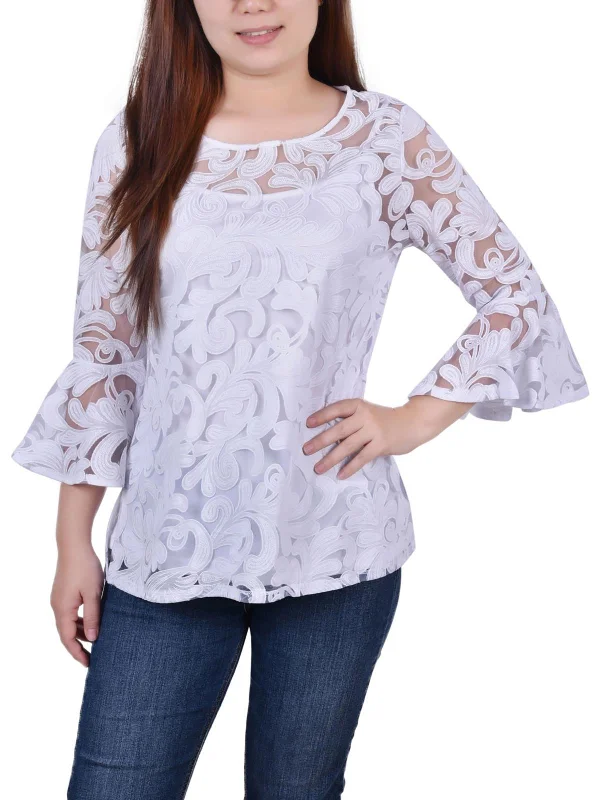 Petites Womens Printed Elbow Sleeve Blouse