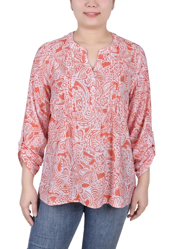 Petites Womens Printed Pintuck Front Blouse