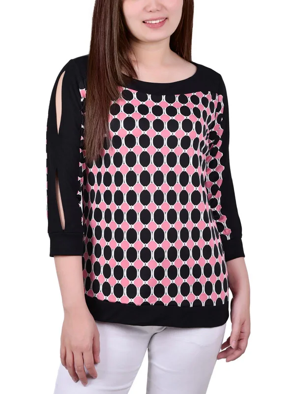 Petites Womens Printed Split Sleeve Blouse