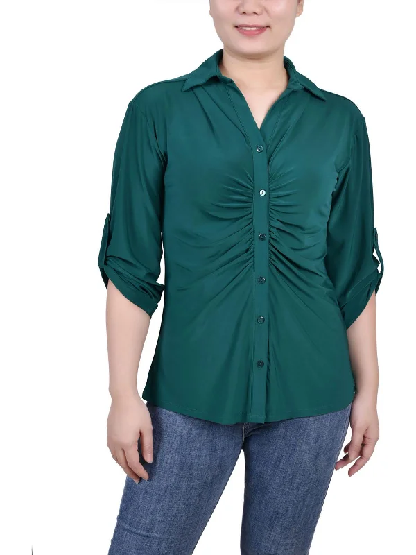 Petites Womens Ruched-Front Button Down Blouse