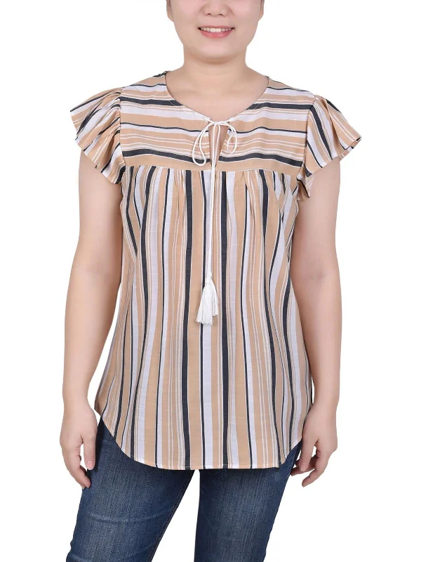 Petites Womens Tie Neck Striped Blouse