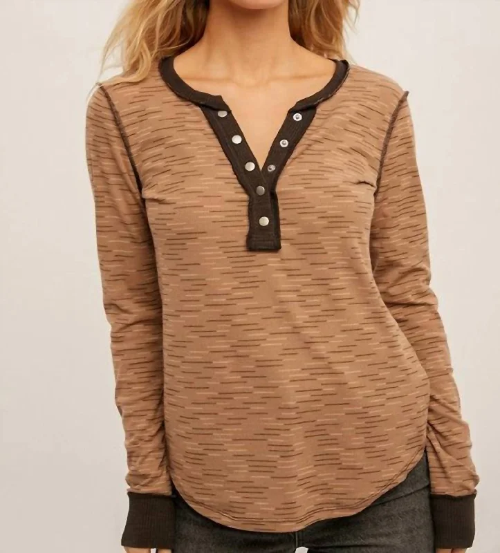 Pin Stripe Henley Top In Taupe Brown