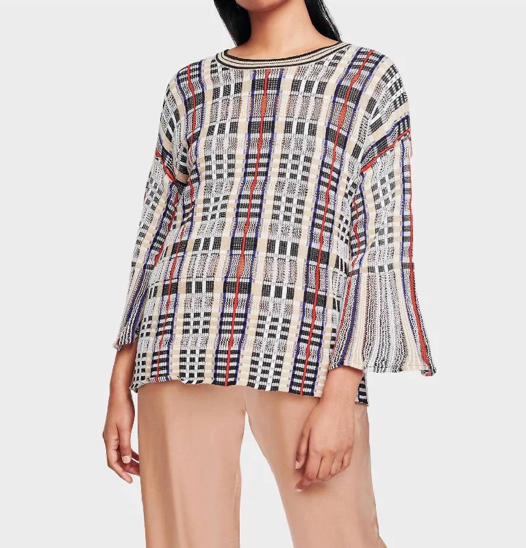 Plaid Flare Sleeve Crewneck Blouse In Bright Multi