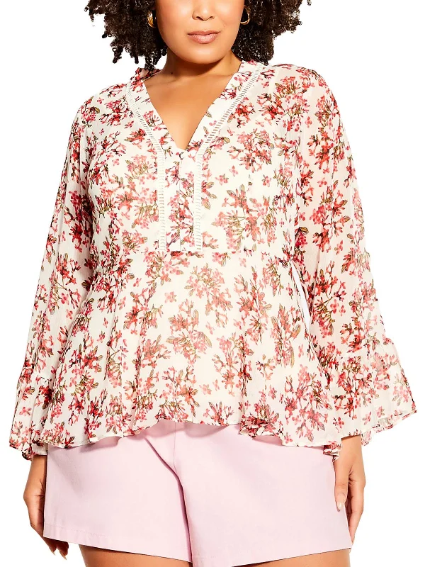 Plus Jasmine Womens Floral Print Polyester Peasant Top