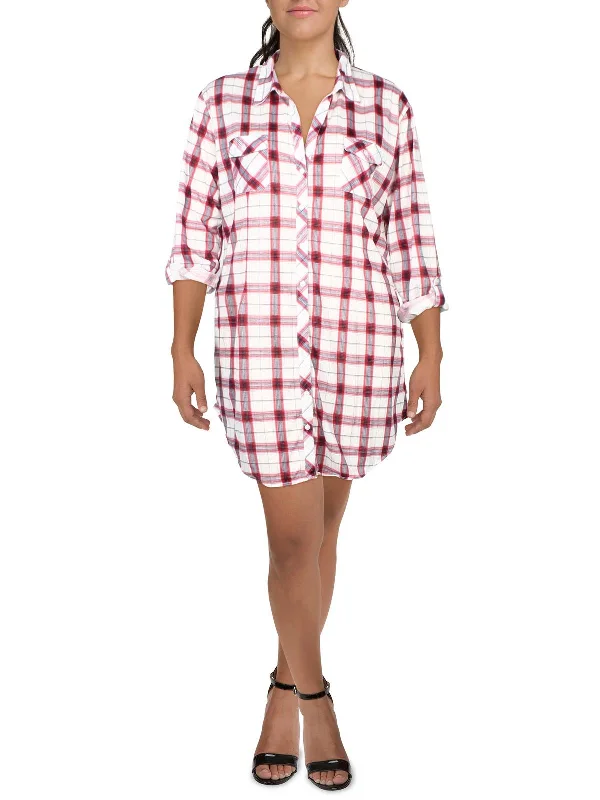 Plus Piper Womens Plaid Button Front Tunic Top