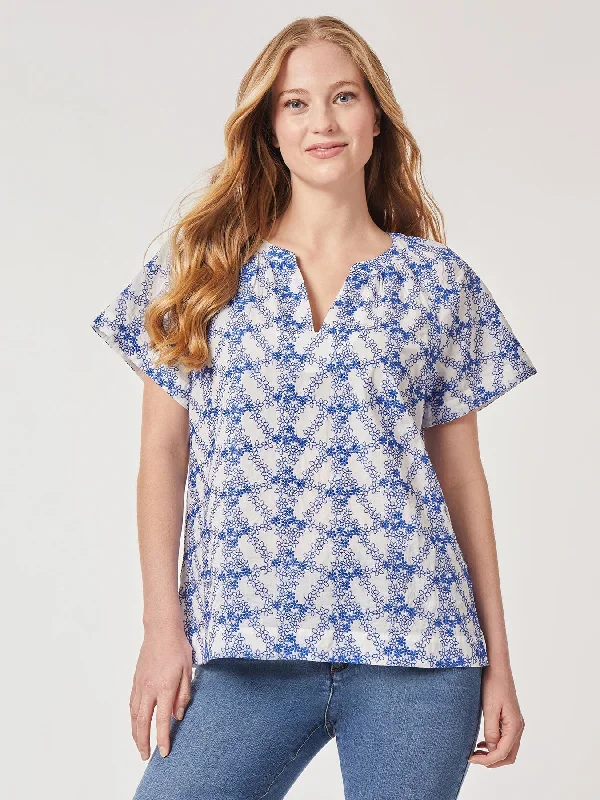 Plus Size Popover Floral Embroidery Short Sleeve Blouse