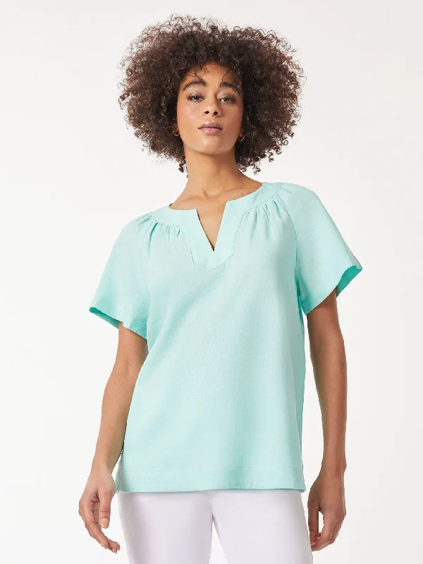 Plus Size Solid Linen Blend Popover Blouse