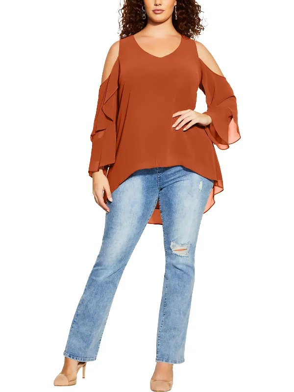 Plus Womens Chiffon Cold Shoulder Blouse