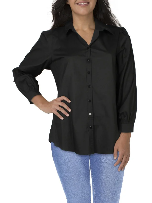 Plus Womens Collared 100% Cotton Button-Down Top